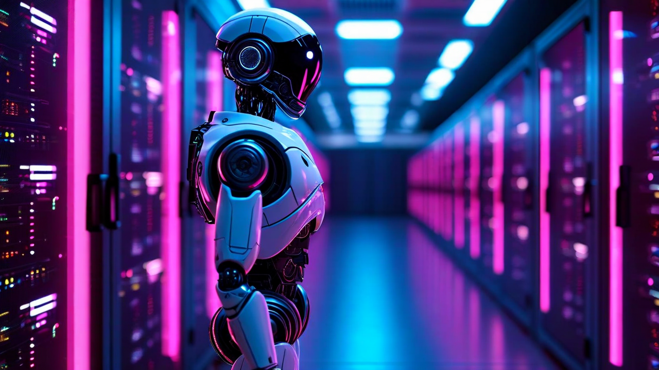 Futuristic robot in a server room